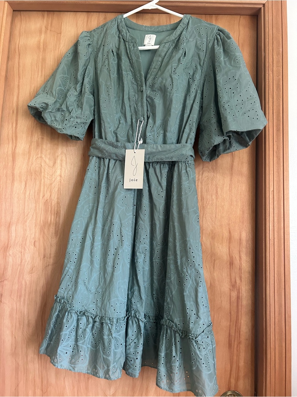 Joie 10 Blue Green Eyelet Puff Sleeve Belted Dress